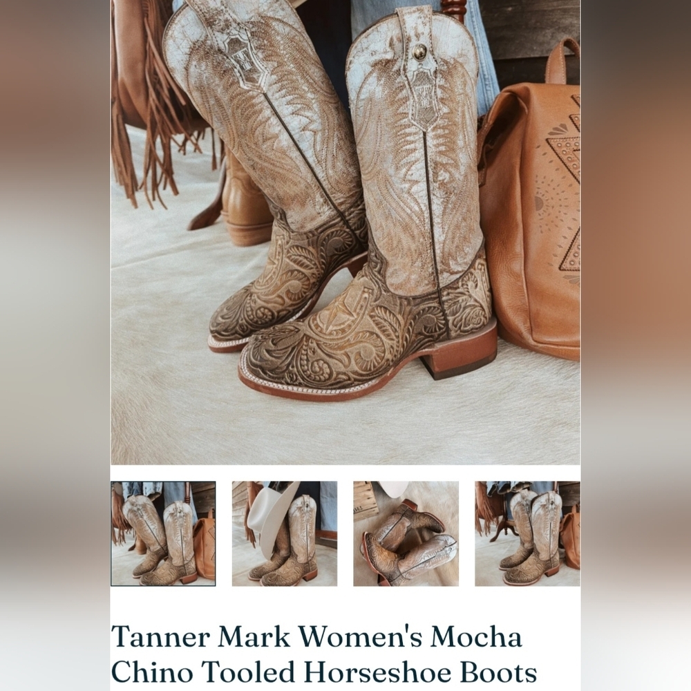 Tanner Mark Ladies  Mocha Chino Tooled Horseshoe  Boots Size 10